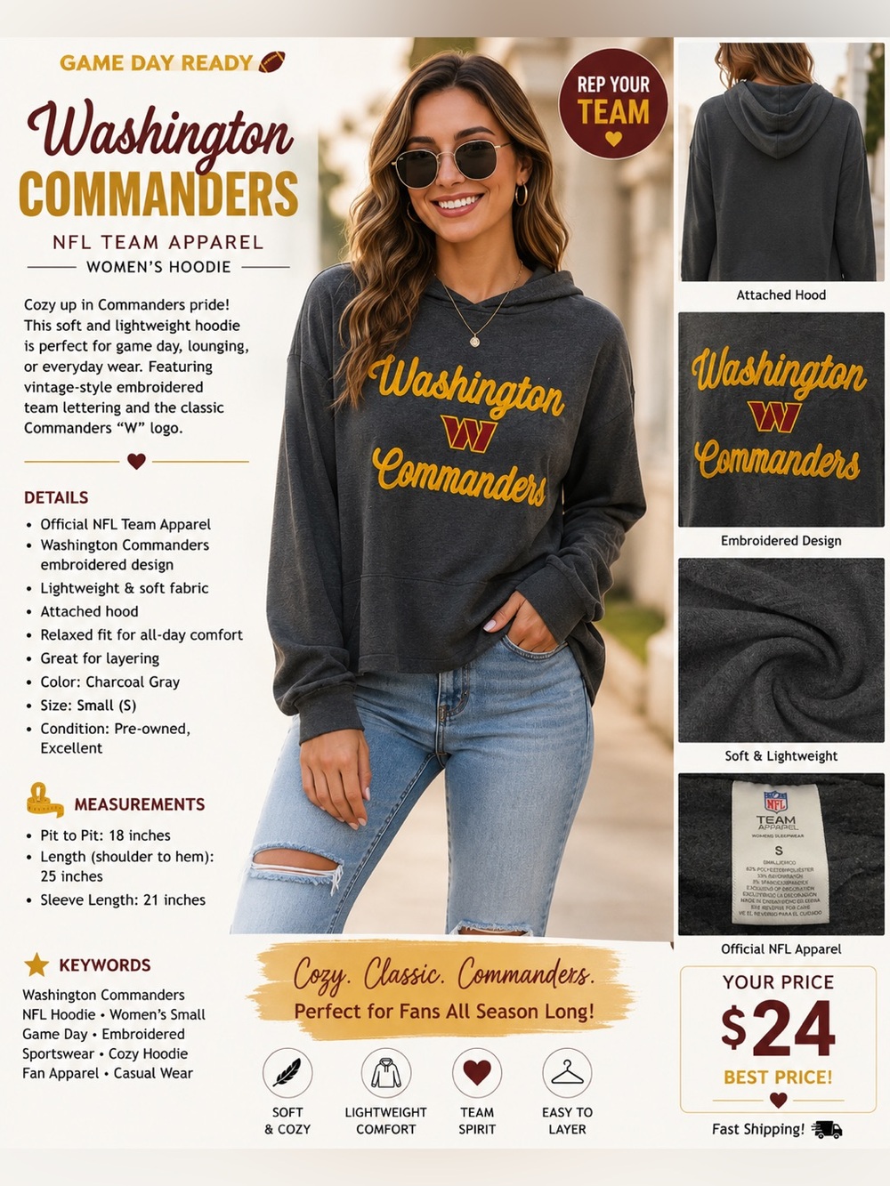 NFL Women's Gray Hoodie with Gold Script Washington Commanders